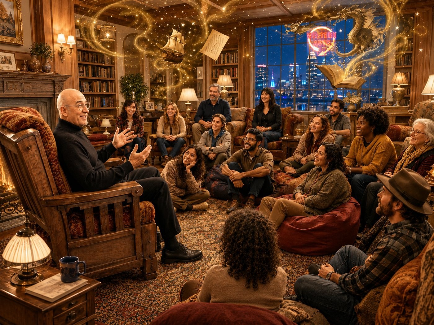 Rabbi Zedek telling a story to a circle of listeners in a warm, book-lined room