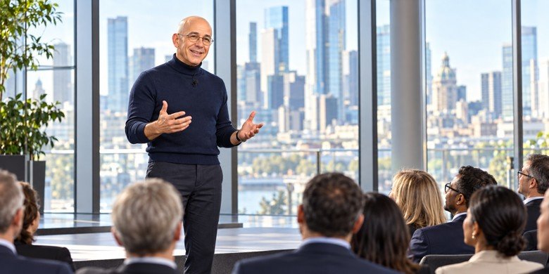 Michael speaking to an audience in a glass-walled venue with a city skyline behind him
